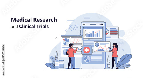 Research professionals analyzing medical data and clinical trial results on large digital screens and mobile devices.