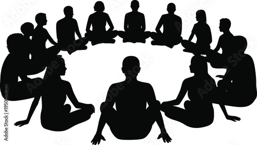 Diverse group of people meditating in a circle on a white background representing unity and inner peace