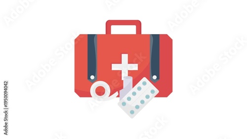 An illustration of a first aid kit, featuring a red case with a white cross symbol and various medical supplies inside.