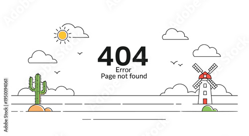 Creative 404 error page design featuring a stylized landscape with a traditional windmill, cactus, and white clouds.