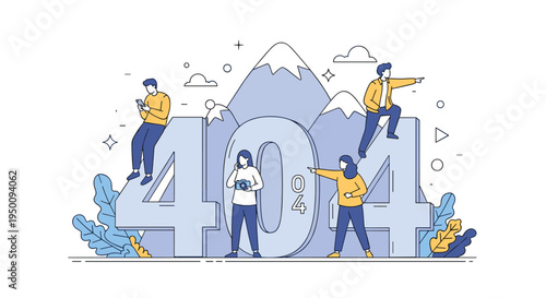 Group of explorers interacting with a large 404 error sign in a mountain landscape representing a lost webpage.