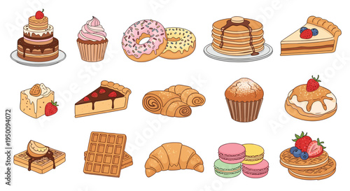 Delicious variety of sweet desserts and pastries including cake, cupcakes, donuts, pancakes, waffles, and macarons.