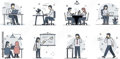 Diverse professionals collaborate and work at desks in modern office settings