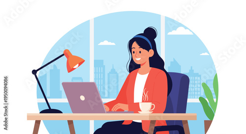 Young professional woman works on her laptop at a home office desk with a warm lamp and coffee cup overlooking city skyscrapers.