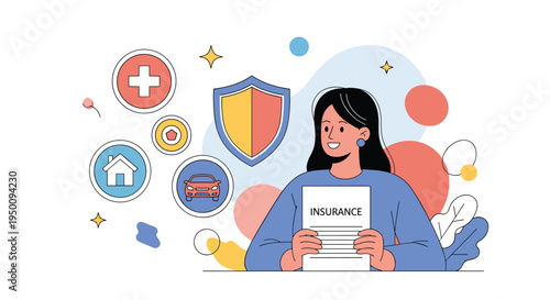 Comprehensive insurance concept with a woman holding a policy document surrounded by icons representing life, home, car, and medical protection.