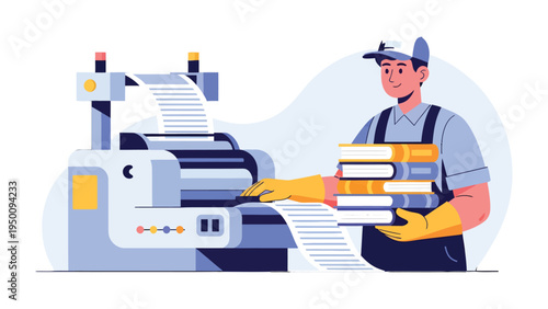 Printing Process: A skilled printing worker meticulously oversees a high-tech printing press, meticulously producing printed material with precision, while managing a stack of freshly printed books.