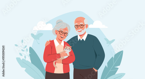 Happy senior couple embracing and smiling while holding their pet cat in a peaceful outdoor setting with green plants and soft clouds.