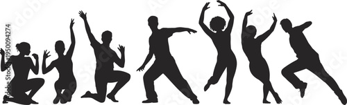 Ensemble of seven individuals depicted in striking black silhouettes showcasing a variety of expressive and graceful stances on white