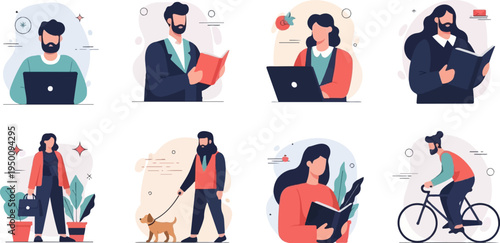 Diverse individuals engaged in various daily activities, working, reading, and cycling