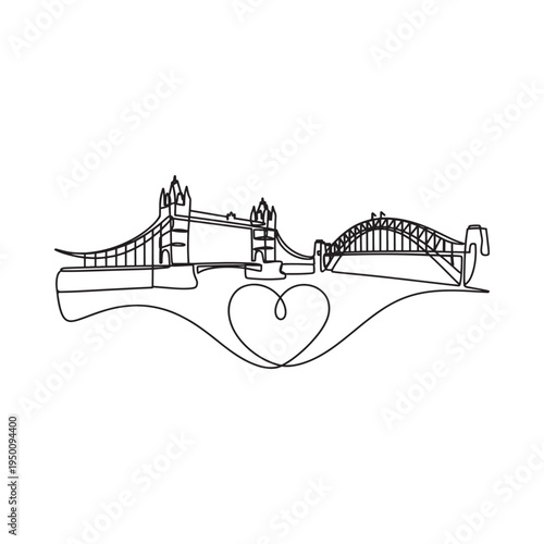 A continuous line drawing depicts the sydney harbour bridge and opera house with a heart symbol