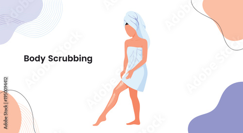 Skincare and self care concept illustrating a woman in a bath towel performing a body scrubbing routine for healthy and glowing skin at home.