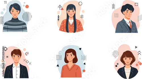 Diverse portraits of people with abstract backgrounds and shapes