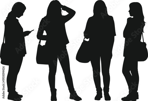 Four women in silhouette with handbags and casual attire, each engaged in a different pose and activity