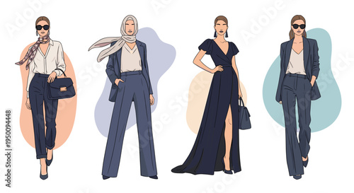 Elegant fashion collection for women featuring a variety of sophisticated outfits including suits, gowns, and professional wear for models.