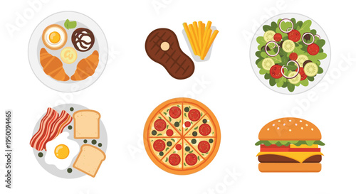 Assorted food collection featuring popular dishes like breakfast, grilled steak, fresh salad, pepperoni pizza, and a classic burger on white.