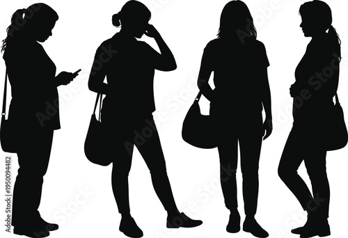 Four women in silhouette with handbags, showcasing different casual stances and activities fashion