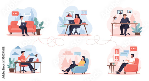 Remote work and home office collection featuring diverse people working on laptops from their living rooms and comfortable home workspaces.
