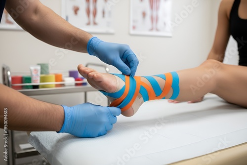 Professional kinesio taping on athlete ankle for injury prevention, sports medicine therapy, physical rehabilitation session