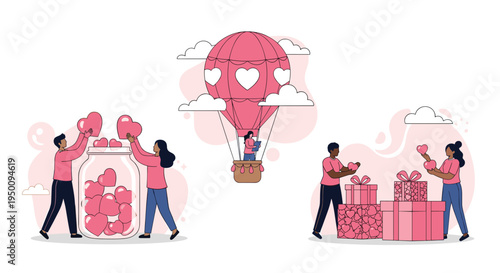 Kindness and charity illustration set showing people sharing love through heart donations, gift boxes, and spread of positive emotions.