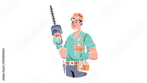 Gardener's Embrace: A dedicated gardener, adorned in a cap and gloves, holds a vibrant potted plant and hedge trimmer, embodying the essence of nurturing and cultivation. 