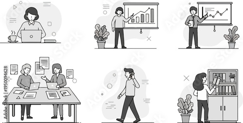 Diverse office scenes with people working, presenting, and organizing (2)