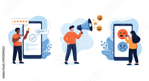 Customer feedback and satisfaction concept with people providing ratings, reviews, and expressing opinions through modern mobile devices.