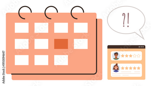 Appointment management, feedback, online reviews, scheduling systems, business tools, customer ratings. Calendar with marked date, user review interface and exclamation marks. Appointment management