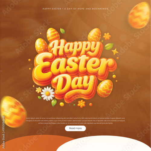 Happy Easter Day Orange Holiday Social Media Template with Golden Eggs and Floral Elements