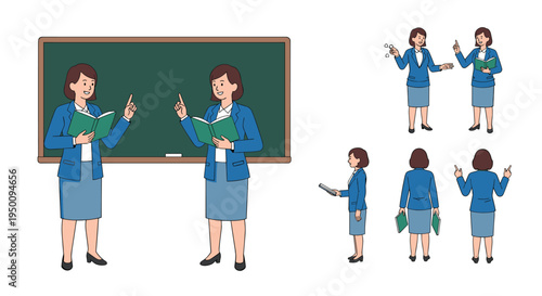 Professional female teacher holding an open book while standing in front of a green chalkboard in multiple poses and views for education.