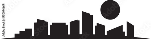 City silhouette with scattered buildings and solitary sun in clear sky