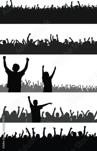 Montage of five distinct silhouetted crowds with raised arms celebrating at various events cheering
