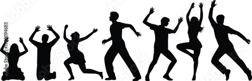 Seven distinct human silhouettes in dramatic and athletic poses illustrating a narrative of action and performance on a white backdrop