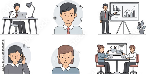 Diverse individuals in various business scenarios, showing work, meetings, and expressions
