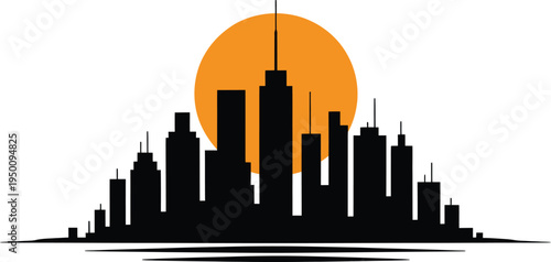 City skyline silhouette with orange sun cityscape architecture urban background vector art