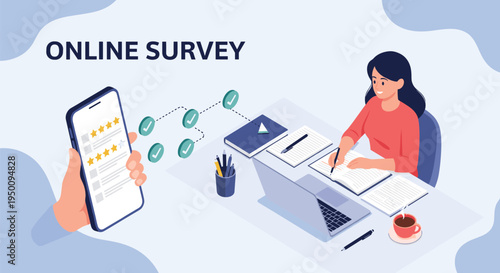 Online survey and data collection concept showing a woman working on a laptop while reviewing feedback results on a professional smartphone.