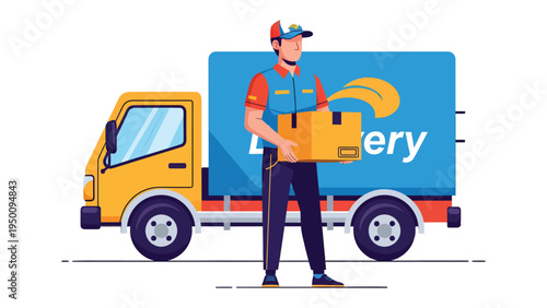 Efficient Delivery: A delivery person stands proudly beside his vibrant yellow truck, holding a package, ready to deliver goods promptly.