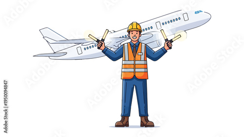 Guiding the Skies: Aviation worker in safety attire, confidently guiding an airplane with signal wands, ensuring a safe and efficient flight experience.