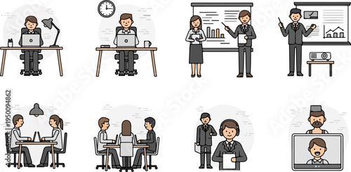 Diverse business team in various work settings, from solo tasks to meetings