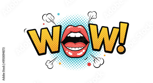 Vibrant pop art style illustration featuring a shocked open mouth with red lips and a colorful bold wow text effect on white background.