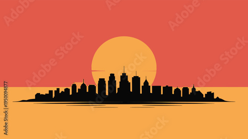 City skyline silhouette with sun graphic and warm colored background abstract element