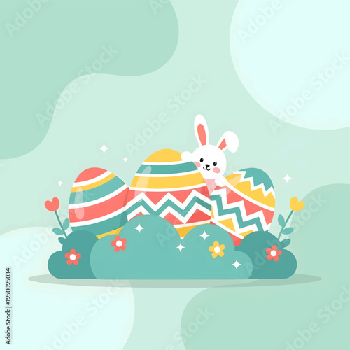 Easter bunny hiding behind colorful eggs on green background with flowers