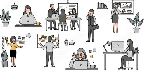 Diverse business professionals collaborate and work in various office settings