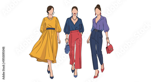 Three stylish women walking forward wearing elegant autumn and winter fashion outfits including a long yellow dress and trousers.