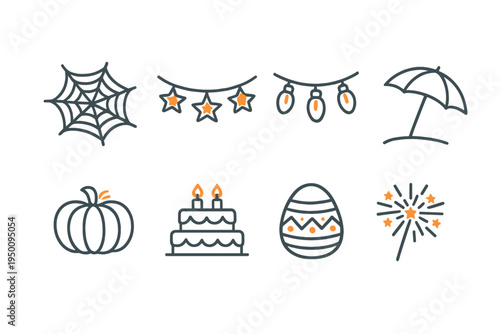 A collection of eight minimalist line art icons representing various