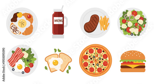 Assorted delicious food dishes including pizza, hamburger, steak, and healthy salads for restaurant menu or catering options.