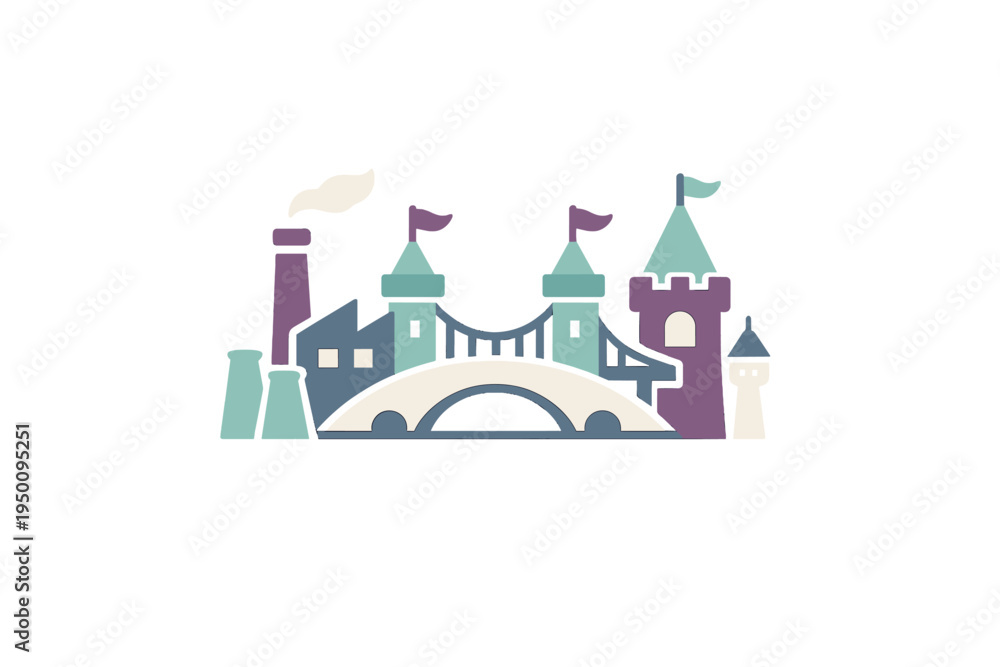 Fototapeta premium A flat vector illustration featuring a stylized cityscape with
