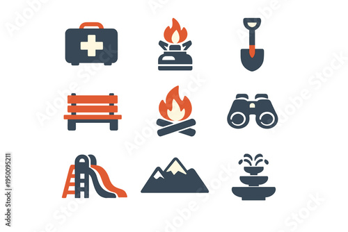 A collection of nine flat vector icons representing camping and