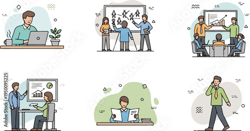 Colleagues collaborate, present data, and communicate in modern business settings