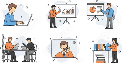 Colleagues collaborate on projects, present data, and organize files