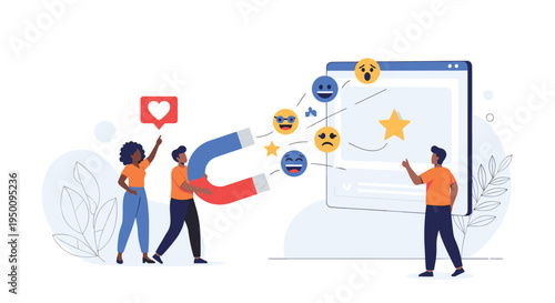 Social media marketing strategy showing people using a giant magnet to attract engagement through likes and various emoji reactions.